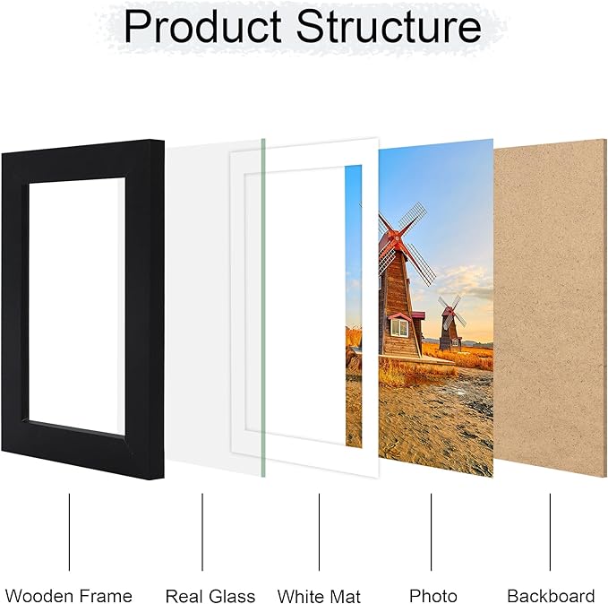 5x7 Picture Frame Set of 4, 5 x 7 Wood Photo Frames with Mat for 4x6, Wooden Frame with Real Glass Cover for Wall and Tabletop Display,Black