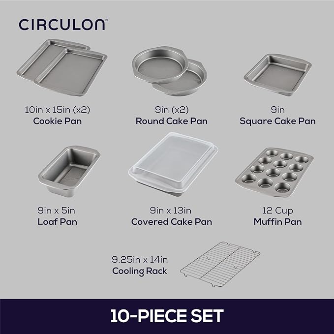 Circulon Nonstick Heavy Gauge Steel Bakeware Set with Rolled Pan Edges Loaf Pan, Cookie Pan, Baking Pans, Cake Pans, Muffin Pan and Cooling Rack (10-Piece, Gray)