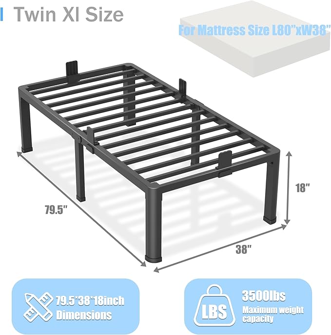 18 inch Twin XL Bed Frame with Round Corner Legs Mattress Slide Stopper,3500 lbs Heavy Duty Metal Platform,No Box Spring Needed,Easy Assembly,Noise Free