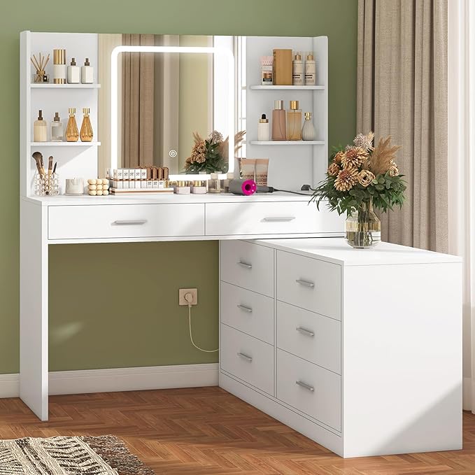 Vanity Makeup Desk with LED Light Mirror & Power Outlet, 8 Drawers, 6 Storage Shelves, 3 Color Modes & Adjustable Brightness Dressing Table, Corner Vanity, L Shape Change, 39.4”Desk, White
