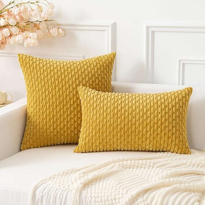 Kevin Textile Throw Pillow Covers Soft Corduroy Decorative Set of 2 Boho Striped Pillow Covers Pillowcases Farmhouse Home Decor for Couch Bed Sofa Living Room 24x24 Inch Mustard Yellow