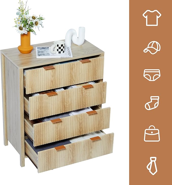 Fluted 4 Drawer Tall Dresser for Bedroom, Mid Century Modern Nightstand with Drawers, Tall Bedside Table for Closet Cloth, Living Room End Table with Storage for Dorm -Natural