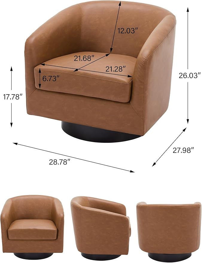 Swivel Barrel Accent Chair, Modern Round Faux Leather Arm Chair for Living Room, Bedroom, Comfy Club Reading Chairs for Adults, Faux Leather Brown, Set of 2