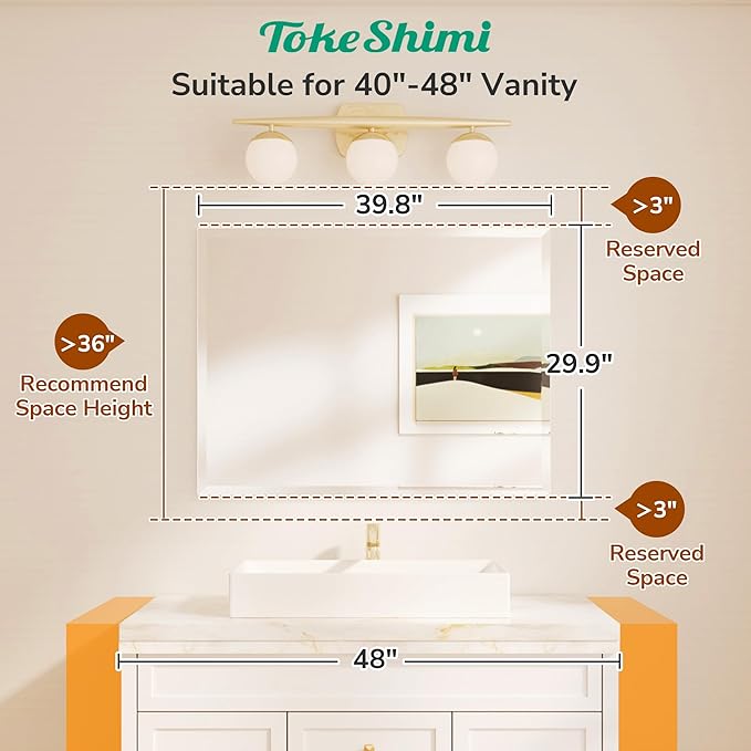 TokeShimi 40x30 Frameless Mirror Bathroom Rectangle, Bathroom Vanity Mirror Beveled with 1" Beveled Edge, Shatterproof Farmhouse Mirrored Wall Mounted for Living Room, Entryway, Restroom