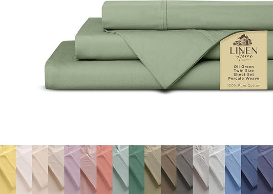 Linen Home 100% Cotton Percale Sheets Twin Size, Oil Green, Deep Pocket, 3 Pieces Set - 1 Flat, 1 Deep Pocket Fitted Sheet and 1 Pillowcase, Crisp Cool and Strong Bed Linen