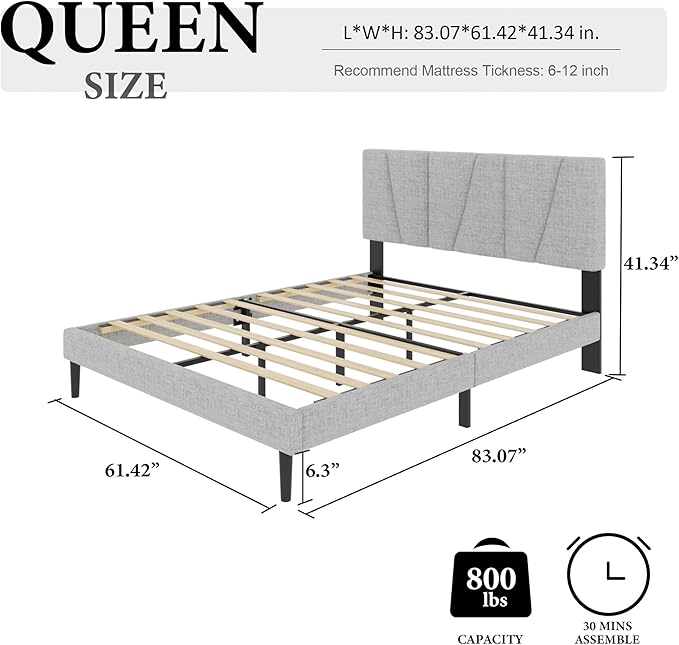 Queen Size Bed Frame with Fabric Upholstered Headboard, Platform Bed with Wooden Slats Support, Fully Mattress Foundation, Box Spring Optional, Easy Assembly