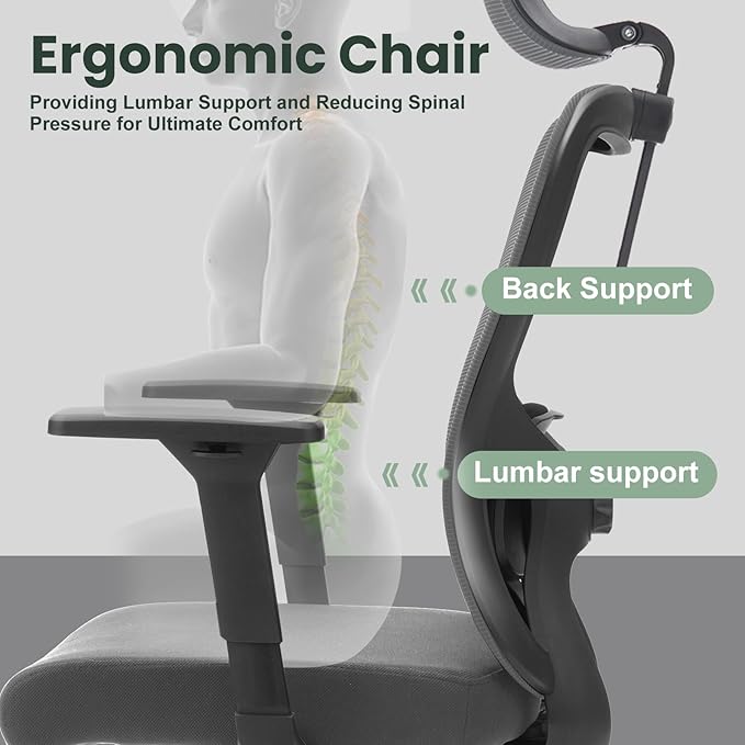 Ergonomic Office Chair - 350LB Mesh Office Chair with Adjustable Lumbar, High Back Computer Desk Chair with 3D Armrest, Comfy Chair with 2D Headrest & Tilt Function for Study, Work, Gaming