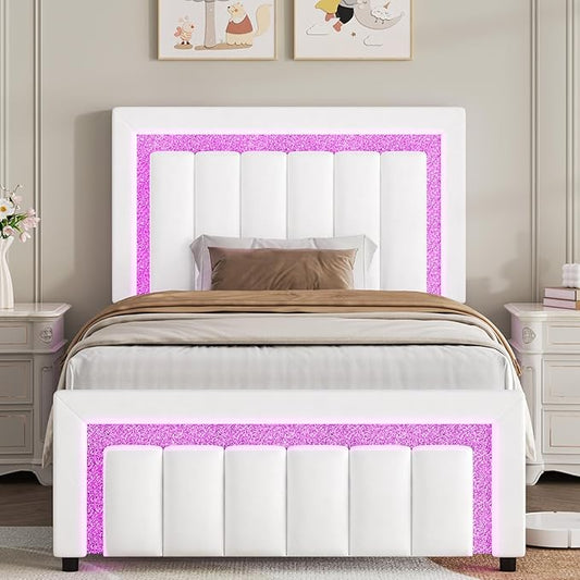 HOMBCK Twin Bed Frame with LED Lights and Velvet Upholstered Headboard, Bed Frame Twin Size with Modern Diamond Headboard Adjustable, Wooden Slats Support, Noise Free, No Box Spring Needed, White