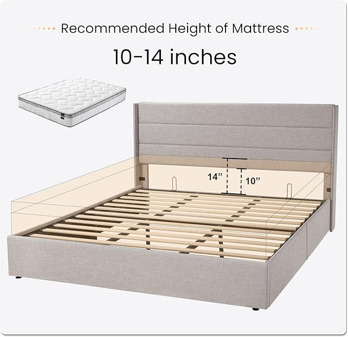 SHA CERLIN Full Size Lift Up Storage Bed/Modern Wingback Headboard/Upholstered Platform Bed Frame/Hydraulic Storage/No Box Spring Needed/Wood Slats Support/Light Beige