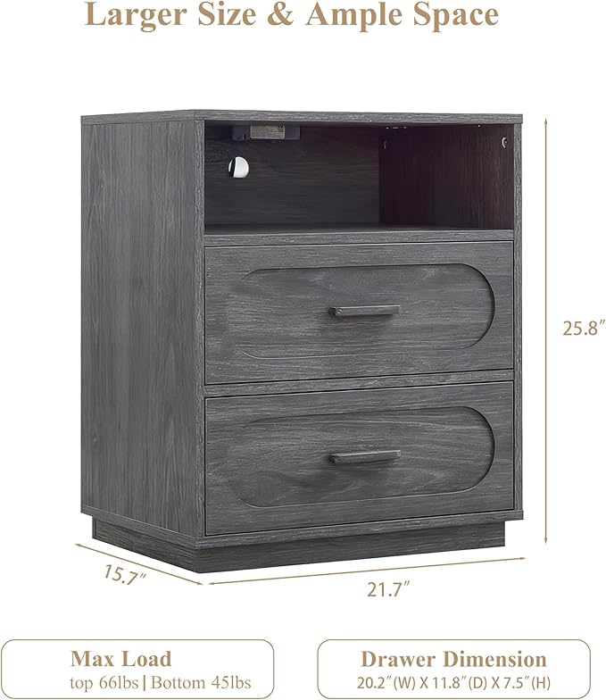 Gray Night Stand with Charging Station, 21.7" Wide Wood End Table with 2 Storage Drawers, Open Shelf & Unique Base, Mid Century Modern Bedside Table for Bedroom, Living Room, Gray