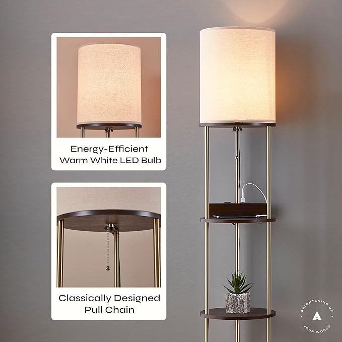 ATAMIN Tall Floor Lamp with Shelves and Charging Station – USB-C, USB, and Wireless Charging Shelf Lamp for Living Room or Bedroom 72-inch Modern Standing Lamp with Compact Storage