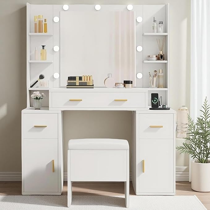 DWVO Vanity Desk with Large Mirror and LED Lights, Makeup Vanity Table Set with Power Outlets, Comfy Stool & Storage Drawers, Shelves and Cabinets, 3 Lighting Modes Makeup Table, Dressing Room, White