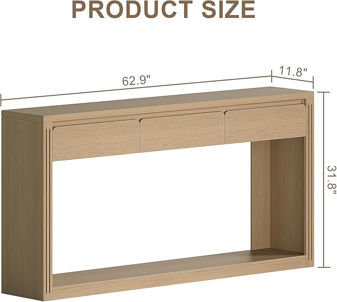 Treocho 63.9" Long Console Tables for Entryway, Farmhouse Entryway Table with Drawers, Narrow Sofa Table Behind Couch Table for Living Room, Entrance, Hallway, Natural