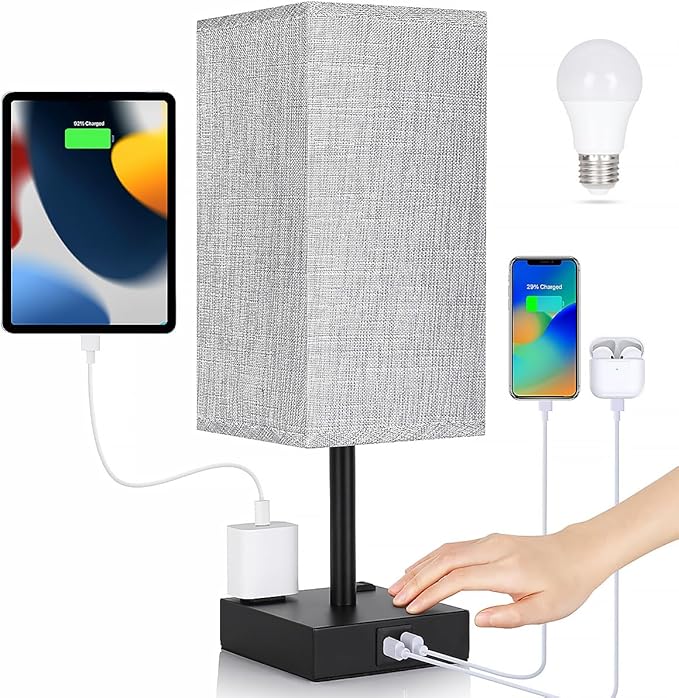 Bedside Table Lamp for Bedroom - Touch Small Lamp with USB C+A Charging Ports & AC Outlets, 3 Way Dimmable Nightstand Light for Living Room (LED Bulb Included, Grey)