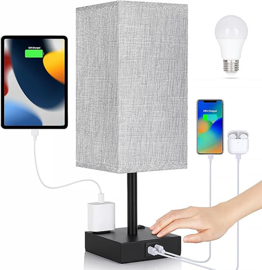 Bedside Table Lamp for Bedroom - Touch Small Lamp with USB C+A Charging Ports & AC Outlets, 3 Way Dimmable Nightstand Light for Living Room (LED Bulb Included, Grey)