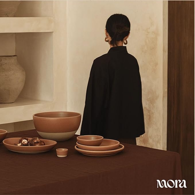 MORA Medium Dishes Set of 4, 30oz Ceramic Pottery Pasta Plate/Wide Bowls - Microwave, Oven and Dishwasher Safe - Terracotta