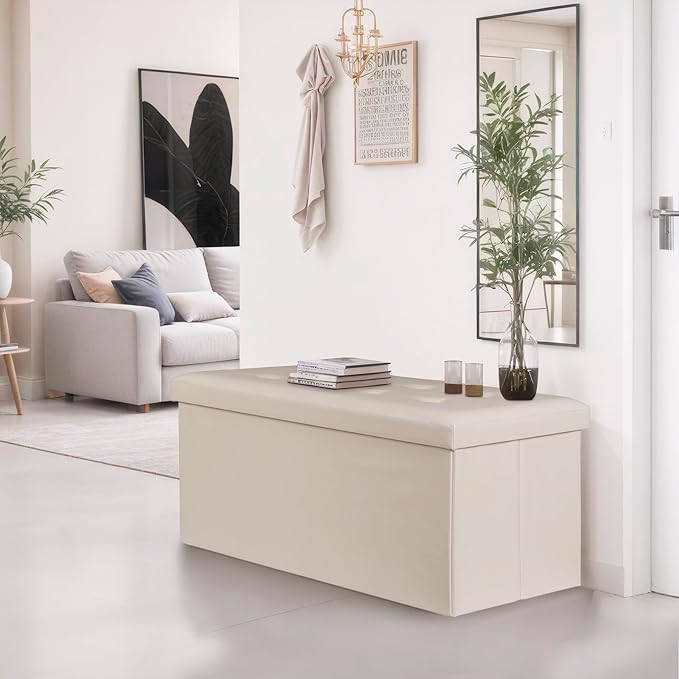 SUPER DEAL Folding Ottoman Bench with Storage, 43 Inch Padded Seat Footrest Shoes Bench for Bedroom Living Room Entryway, 660 lbs Capacity 43"x 15"x 15", Faux Leather, Beige