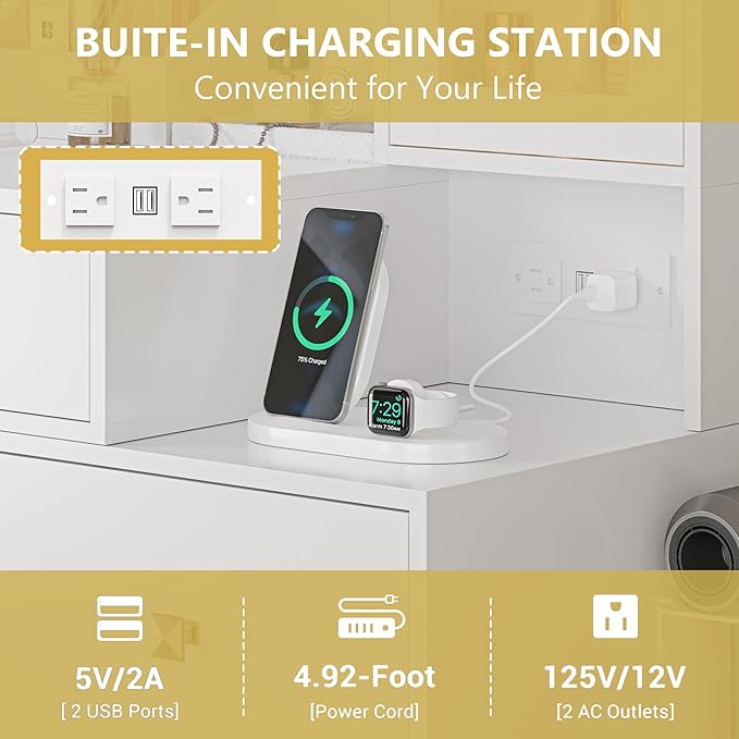 Vanity Desk with Mirror and Lights,Makeup Table with Charging Station & RGB Storage Cabinet,Large Drawer & Storage Shelves,5 Drawer,Bedroom Dressing Table, White