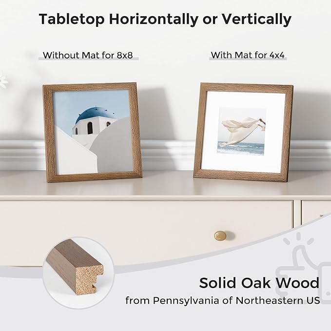 Axeman 8x8 Solid Oak Wood Frame With Mat For 4x4 | 8 By 8 Wooden Picture Frame | Plexiglass And Hanging Hardware Included | Walnut, 3 PCs