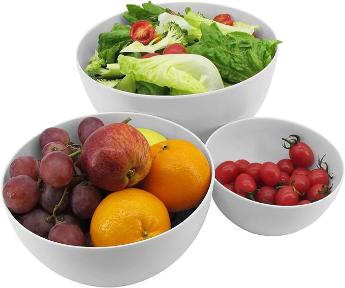 Salad Bowl Set of 3 with Bamboo Wooden Lids, Mixing Bowls Set, Nesting Bowls for Space Saving Storage, Made with Durable Eco-Friendly Bamboo Fiber, Great for Prepping and Serving Food, Grey