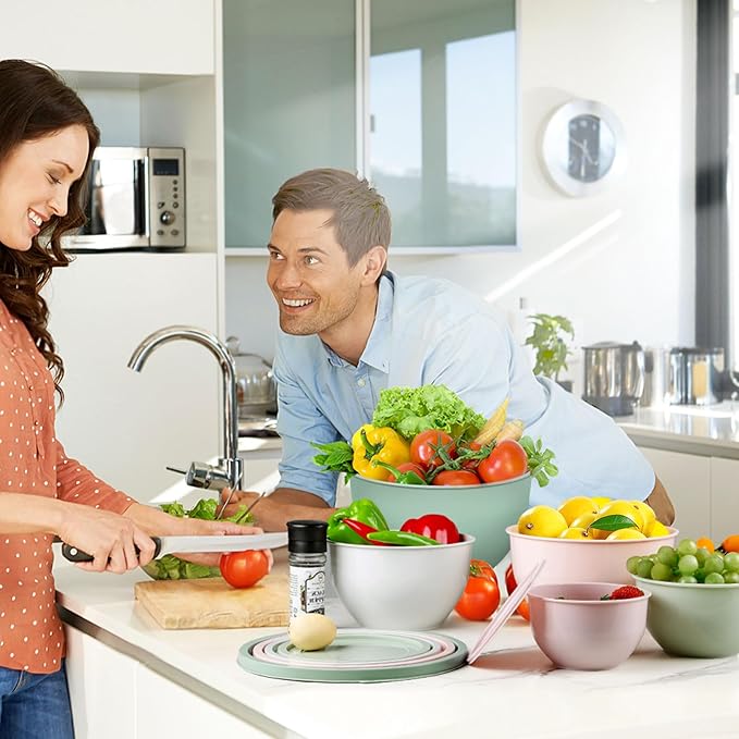 5-Piece Plastic Mixing Bowls with Lids Set for Kitchen, Nesting Bowls for Mixing, Baking, Prepping, Cooking and Serving Food, Mixing Bowls Dishwasher, Microwave Safe(5 Set-Pink)