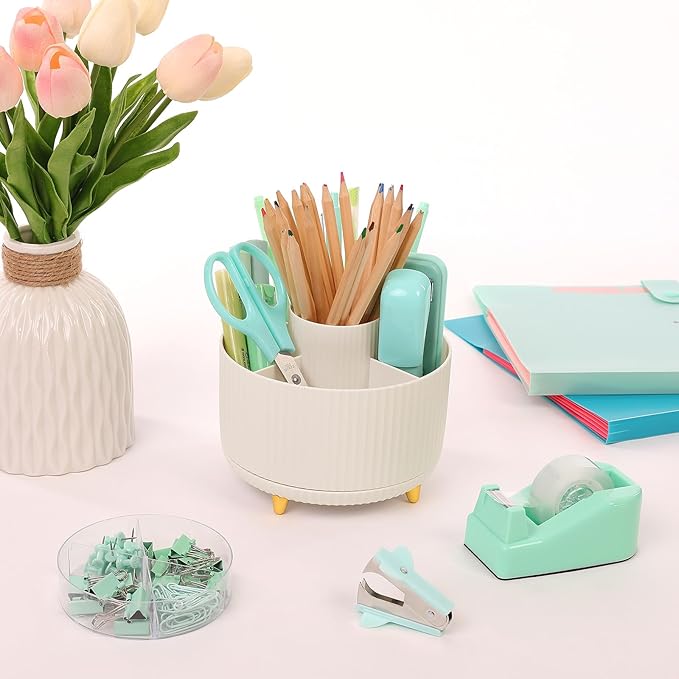 SKYDUE Teal Office Supplies Set, Office Desk Accessories 10Pcs, Pencil Holder for Desk, Stapler, Tape Dispenser, Scissors, Clips and 1000pcs Staples, School Supplies for Teacher