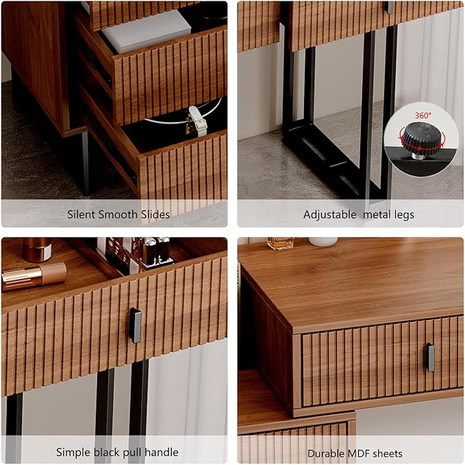 Brown Vanity Desk with Mirror and Lights,Small Makeup Vanity with 5 Drawers，Modern Makeup Table with Adjustable Cabinet for Bedroom,Makeup Room