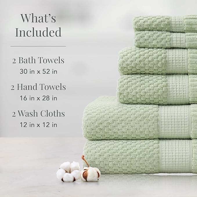 NY Loft 100% Cotton Towel Set 6 Piece Towel Set | Super Soft & Absorbent Quick-Dry 2 Bath Towels 2 Hand Towels & 2 Washcloths |Textured and Durable Cotton | Trinity Collection (6 Piece Set, Sage)