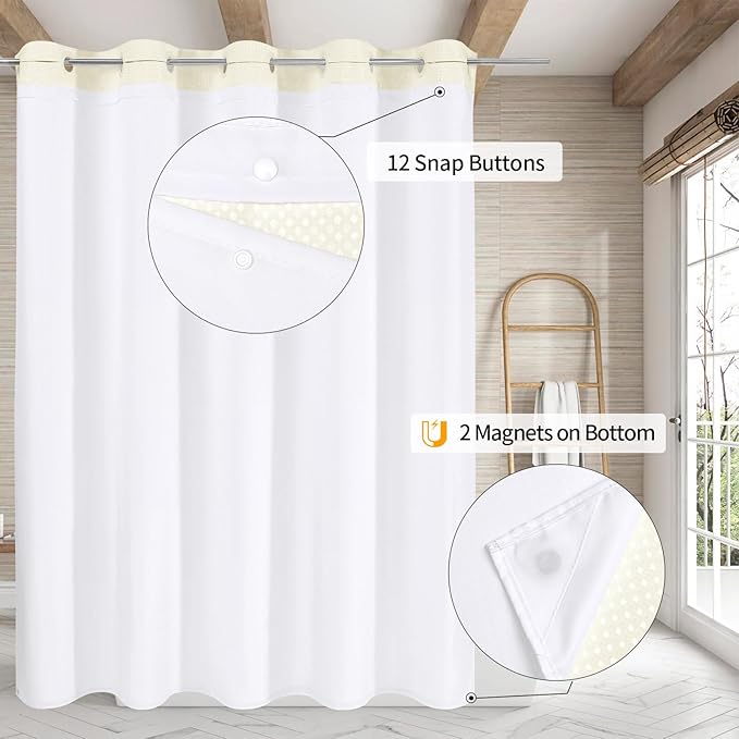 MitoVilla Ivory Long Shower Curtain 72 x 80, No Hooks Needed 80 inch Long Heavyweight Waffle Fabric Shower Curtain Set with Snap-in Liner for Hotel Grade Spa-Like Bathroom Decor, Ivory/Beige