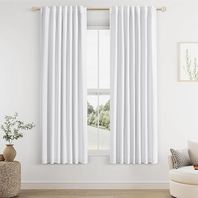 Guken White Linen Blackout Curtains 52 Inch Wide by 68 Inch for Living Room Bedroom Back Tab Thermal Insulated 100% Black Out Linen 2 Drapes Room Darkening Window Curtains White,2 Panels
