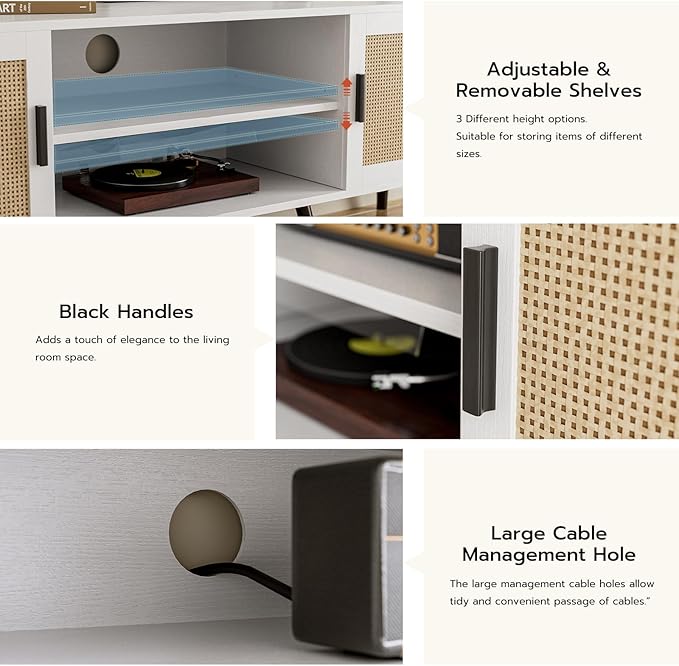 TV Stand for TVs up to 65'', Mid Century Modern Entertainment Center with Rattan Door, Shelves & 2 Cabinets, Boho Media TV Console for Living Room, Bedroom, White