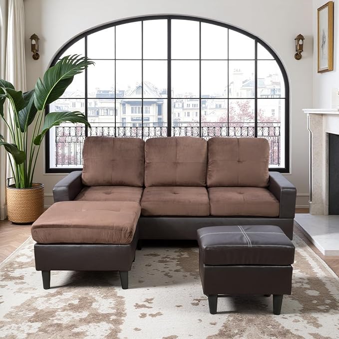 L Shaped Sofa with Ottoman, Modern Faux Leather Couch with Chaise, 3 Seat Living Room Sofa Set with Solid Wood, for Home, Apartment, Study Room, Brown Chocolate