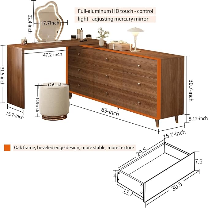 Makeup Vanity Desk Set with Cloud-Pattern HD Lighted Mirror and Stool, 70-110in Extendable Modern Vanity Table, 9-Drawer Solid Wood Frame Storage Cabinet, Bedroom Dressing Table, Brown