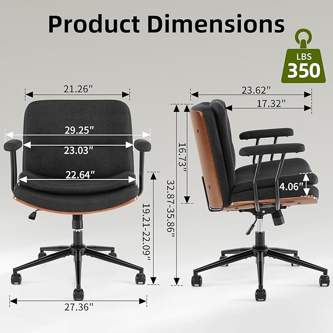 Criss Cross Chair with Armrests & Wheels, PU Leather Adjustable Swivel Walnut Task Chair with Wide Seat, Ergonomic Mid Back Computer Office Desk Chairs for Meeting Room, Home