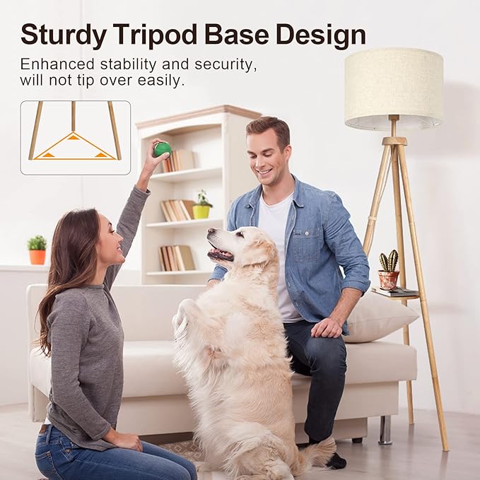 OUTON Tripod Floor Lamp with Shelves, Mid Century Dimmable Wood Floor Lamp with Remote Control, 4 Color Temperatures, Standing Tall Lamp with Linen Shade for Living Room, Bedroom, Office, Oak Hardwood