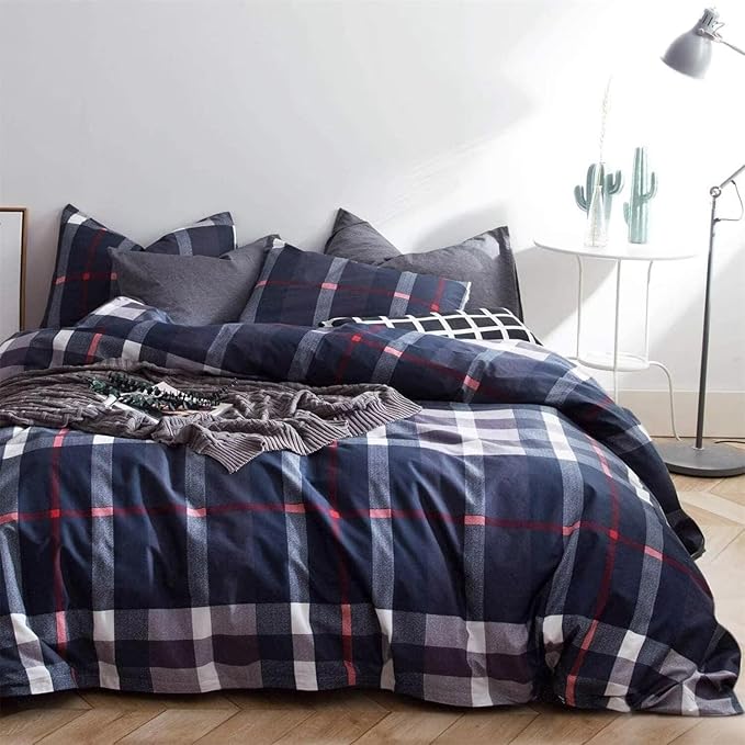 Luxlovery Navy Plaid Comforter Set King Men Women Blue Tartan Bedding Set King Size Geometric Buffalo Checkered Blanket Quilts Soft Breathable Navy Grid Comforter for Adults