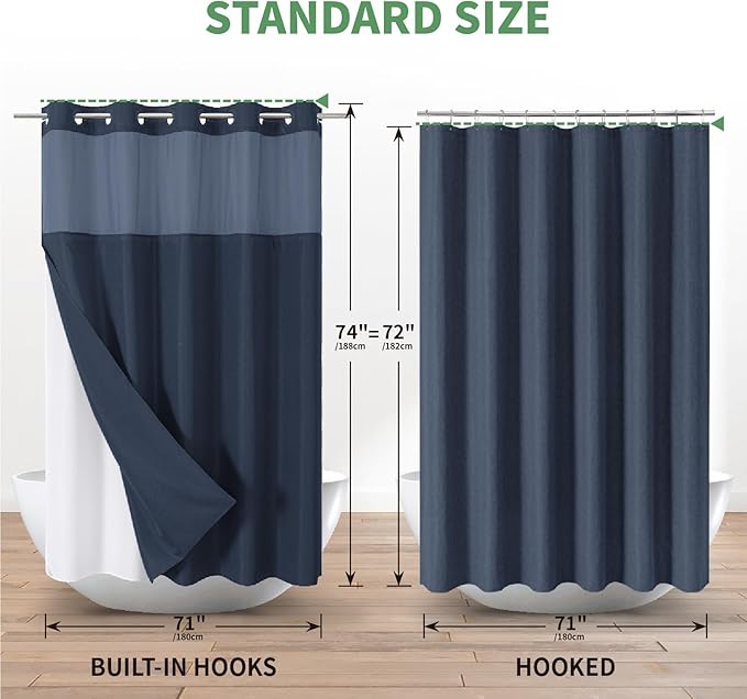 No Hook Shower Curtain with Snap-in Fabric Liner Set,Slub Textured Fabric Shower Curtains for Bathroom,Hotel Style Modern Shower Curtain,Water Repellent & Washable,71x74(72),Navy Blue