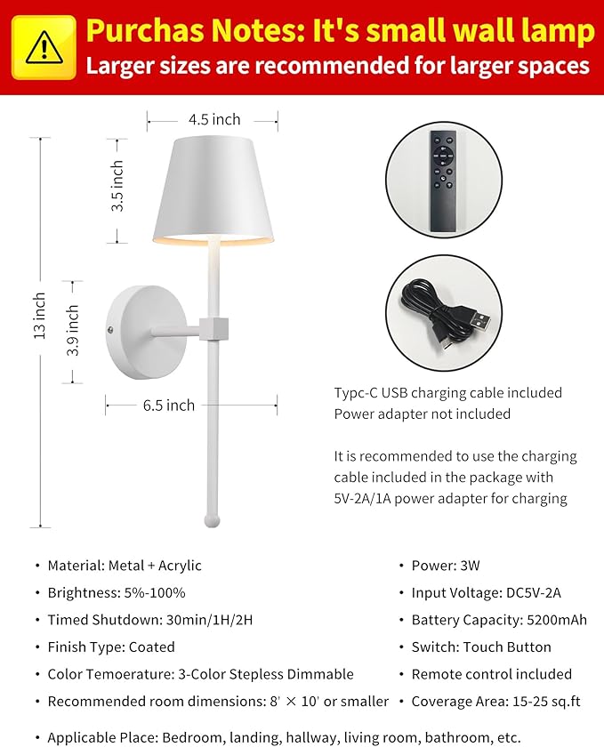 KDG Wireless Wall Sconces Set of 2, Small Cordless 5200mAh Rechargeable Battery LED Wall Lamps, Stepless Dimming Lightings for Wall Painting, Living Room, Bedroom, Hallway, Gifts, Night Light (White)