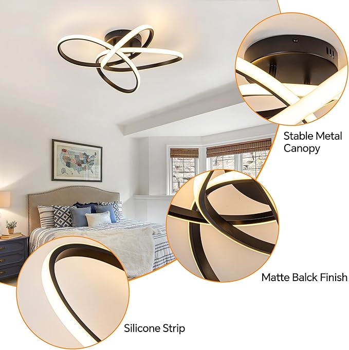 Modern LED Chandelier, 50W LED Ceiling Light with Remote Control, 3000-6000K Color Temperature Changing, Balck Chandelier for Bedroom, Entryway, Hallway, Kitchen