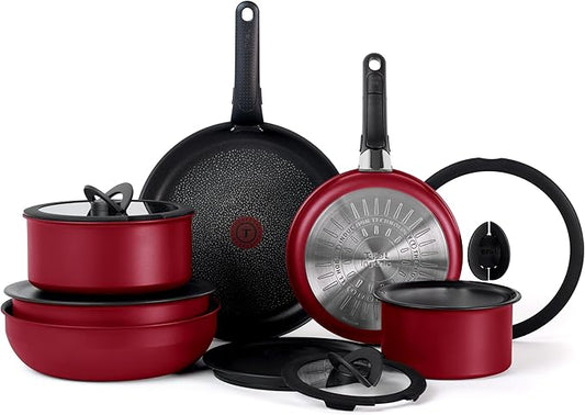 T-fal Ingenio Expertise Non Stick Cookware Set 14 Piece, Induction, Oven Broiler Safe 500F, Cookware, Pots and Pans Set, RV, Camping, Kitchen Frying Pans, Dishwasher Safe, Detachable Handle Cherry Red