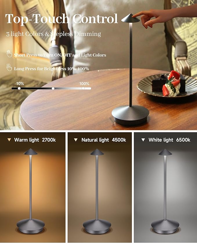 Portable Led Cordless Lamp Table Light 2 Pack, Rechargeable 6000mAh Battery Outdoor Table Lamp for Dinning Restaurant Patio Bedroom Camping, IP54 Waterproof, Dimmable