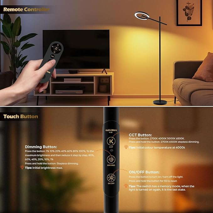 GLOWRIUM Therapy Light Floor lamp 12000 Lux, Happy Therapy lamp Stepless Dimmable 2700-6500K, LED UV-Free Happy lamp, Sunlight lamp Modern Bright Floor Lamp for Living Room Bedroom Office (H1B)