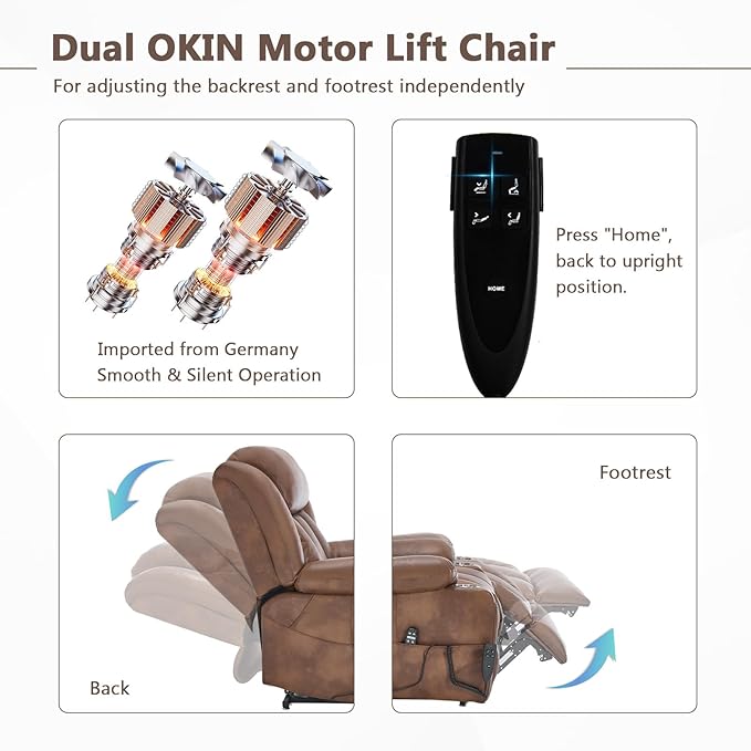Lay Flat Lift Recliner Chair with Massage & Heat for Elderly People, Electric Power Lift Chair with Dual Motor, Cup Holders and 2 Remote Controls, Breathable Faux Leather Brown