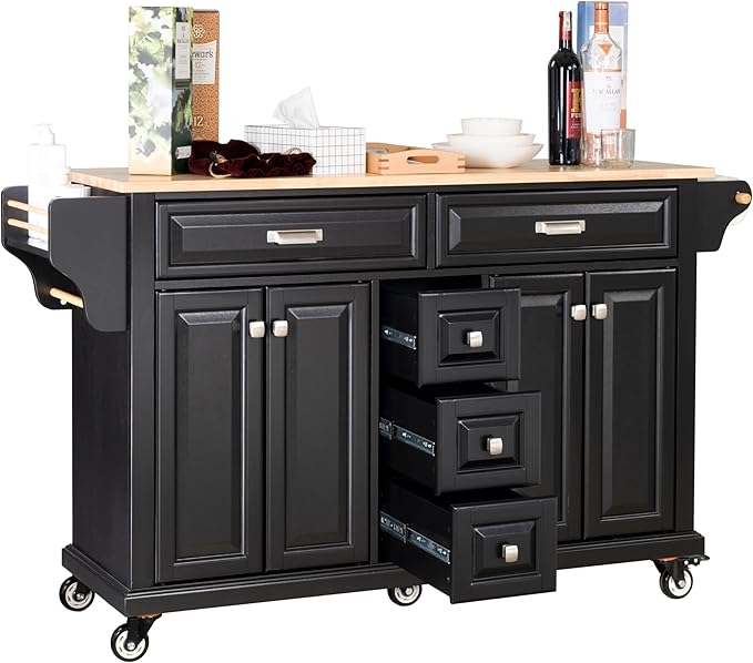 Generic 60.5"" Kitchen Island on Wheels, Rolling Island Table for Kitchen with Double Storage Cabinet and 5 Drawers, Portable Kitchen Cart with Rubber Wood Top, Black, Large