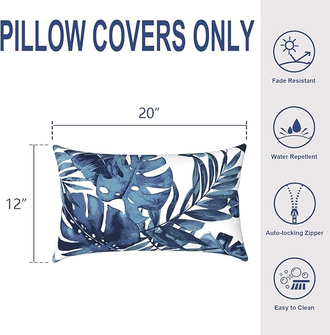 Pack of 2 Outdoor Lumbar Pillow Covers, All Weather Cushion Pillow Cases 12x20 Inch, Pillowcase for Patio Couch Decoration, Palm Blue