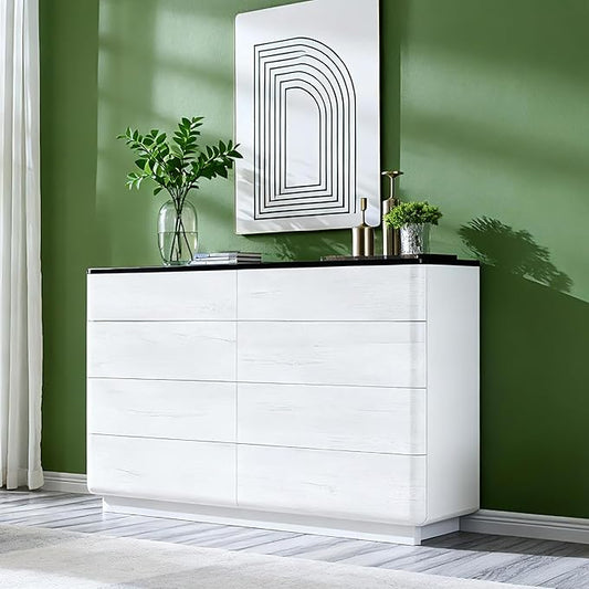 JXQTLINGMU 8 Drawer Dresser for Bedroom, Modern Push-to-Open Chest of Drawers, Large Wood Storage w/Curved Profile & Handleless Design, 52" Wide Dresser TV Stand for Bedroom, Living Room, Off White