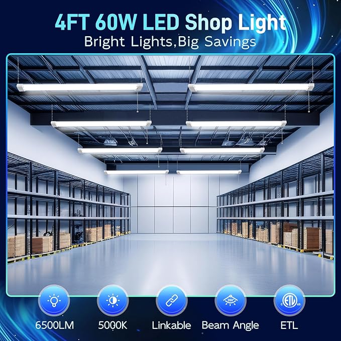 hykolity 4 Pack 4FT Linkable LED Shop Light for Garage, 6500lm, 4FT 60W Utility Light Fixture, 5000K Daylight LED Workbench Light with Plug, Hanging or Surface Mount, White - ETL
