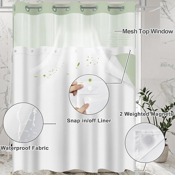 No Hook Shower Curtain with Snap in Fabric Liner Set, Sage Green Chevron Shower Curtain for Bathroom, Washable and Water Repellent, See Through Mesh Top Window, 71x74 Inches