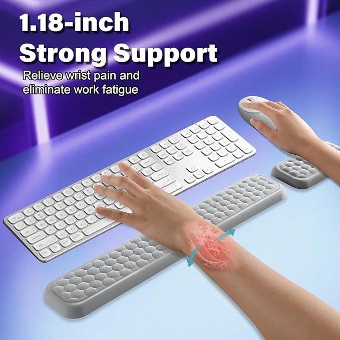 Wrist Rest for Keyboard and Mouse, Upgrade Enlarge Mouse Pad Wrist Rest, Ergonomic Memory Foam, Non-Slip Base for Computer Gaming & Office Work, 2 Piece Set, Grey (17.32x3.15+5.9x3.15 inch)