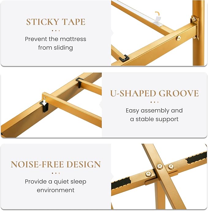 SHA CERLIN 14 Inches Queen Size Metal Platform Bed Frame/Vintage Iron-Art Headboard and Footboard/Mattress Foundation for Storage/No Box Spring Needed/Noise-Free/Easy Assembly/Gold